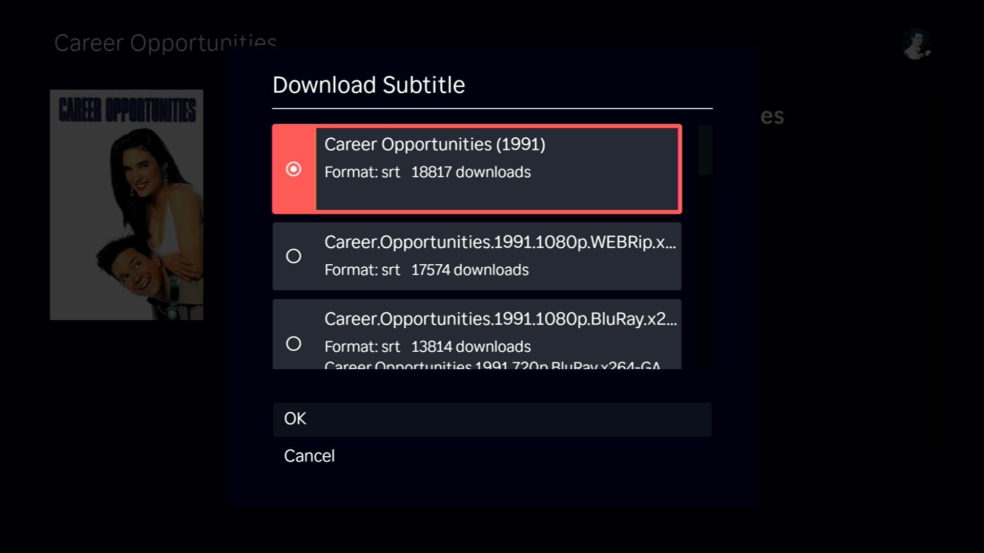 Popup dialog showing user searching for subtitles to download to their server
